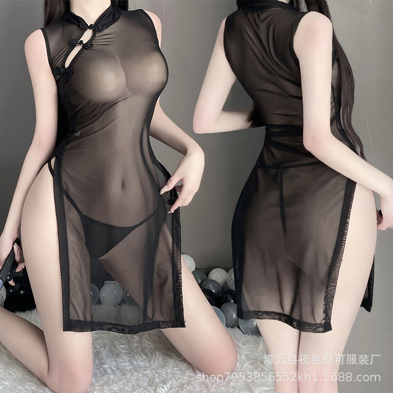 Love night sexy lingerie sexy mesh perspective cheongsam hot split uniform temptation to take off pajamas 8211