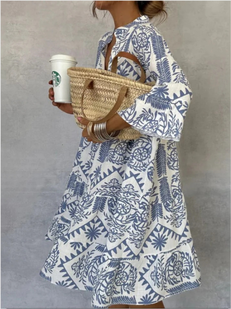 Amazon Independent Station New dress Casual V-Neck Printed Seven-Sleeve Shirt Dress Bohemian dress