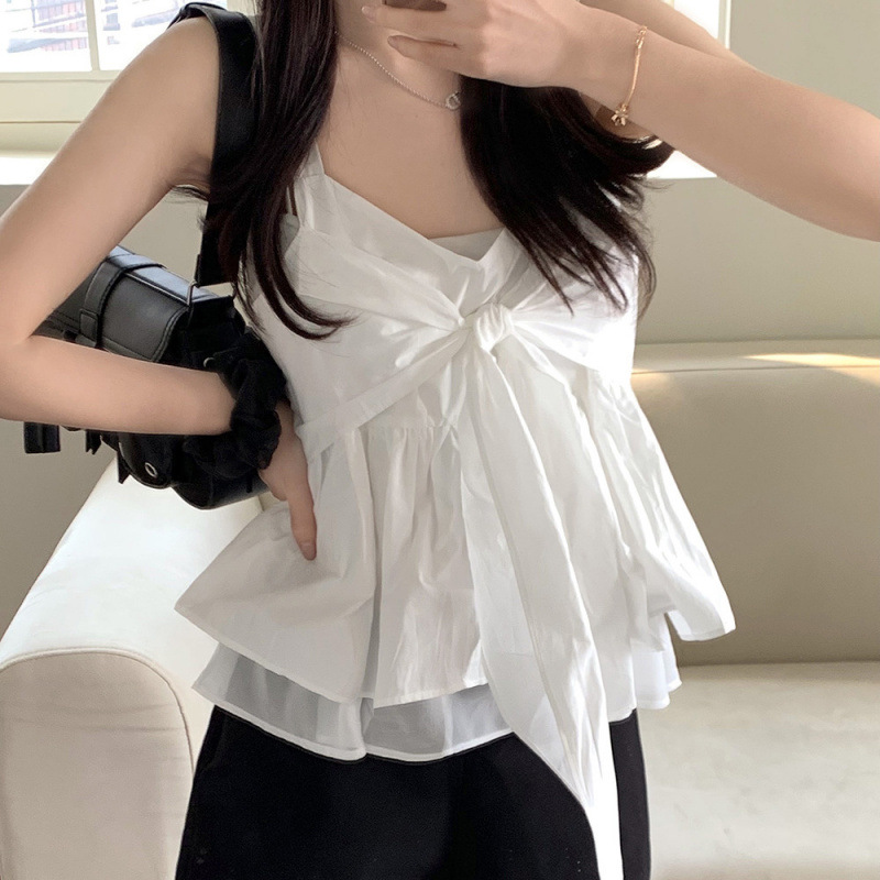 Korean Chic Summer Sweet Age-Reducing Fresh Bow Tie Casual Versatile Vest Camisole Top for Women