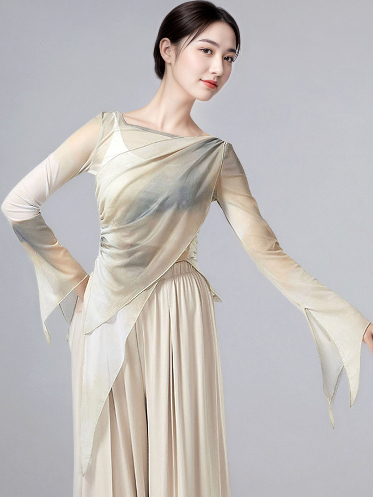 Classical dance gauze dress women's long sleeve flared sleeve print gradient vintage top modern Chinese dance practice costume