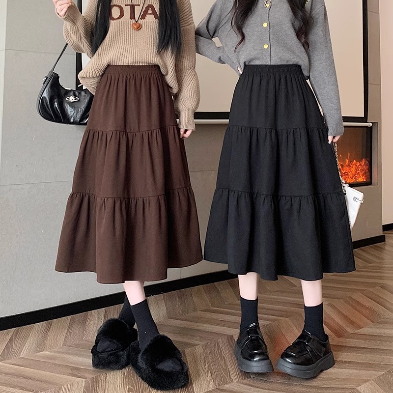 Black pleated cake skirt skirt women's autumn and winter 2024 New umbrella skirt high waist slimming A- line midi skirt