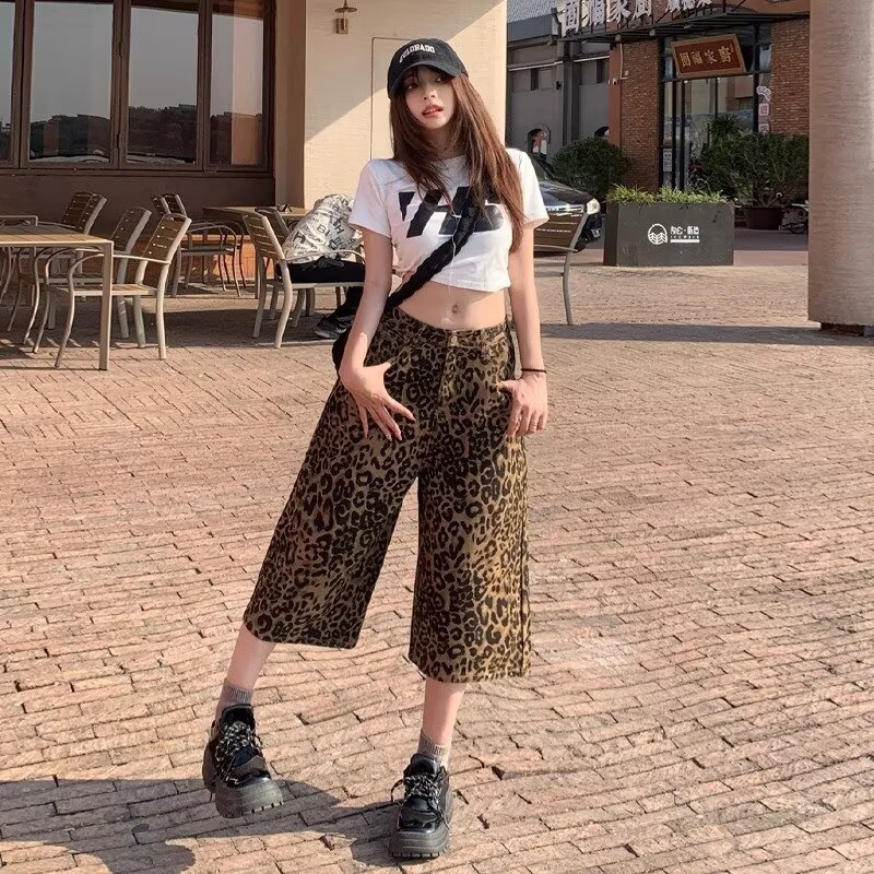 2025 New American Leopard Print High-Waisted Wide-Leg Denim Cropped Pants for Women Summer Plus Size Fat mm Slimming Straight Pants