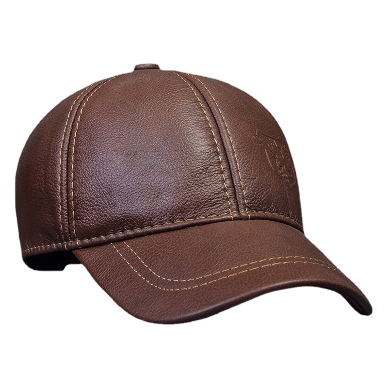 Spring and Autumn Single Genuine Leather Baseball Cap Men's Plain Pattern Dome Face-Covering Big Brim Cap Monochrome Top Layer Cowhide in stock Embossed