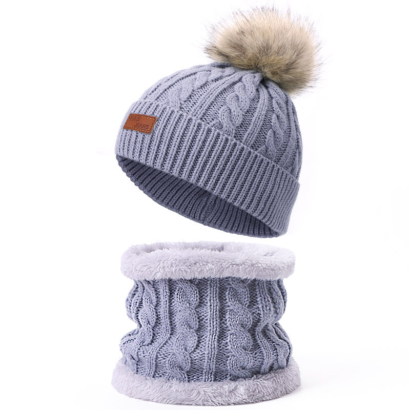 Picture of Winter Children's Neck Hat Two-Piece Pompom Baby Baby Knitted Hat Warm Wool Fleece-Lined Thickened Neck Set