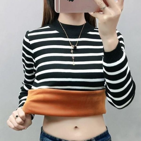 Composite Fleece-Lined Gold Fleece T-Shirt Female Student Thickened 2021 Autumn and Winter Striped Slimming Long-Sleeved Half-High Collar Base Shirt