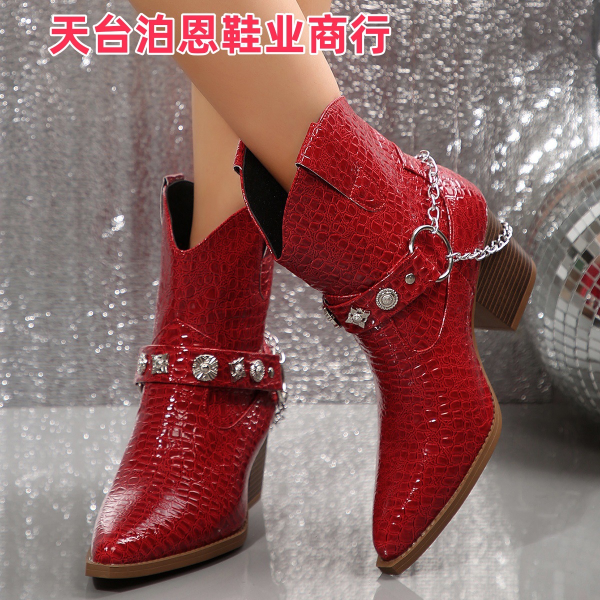 Picture of 2025 European and American Fashion New In-Stock High-Heel Women's Leather Boots, Export Large Size Pointed Toe Belt Buckle, One-Foot Chunky Heel Boots