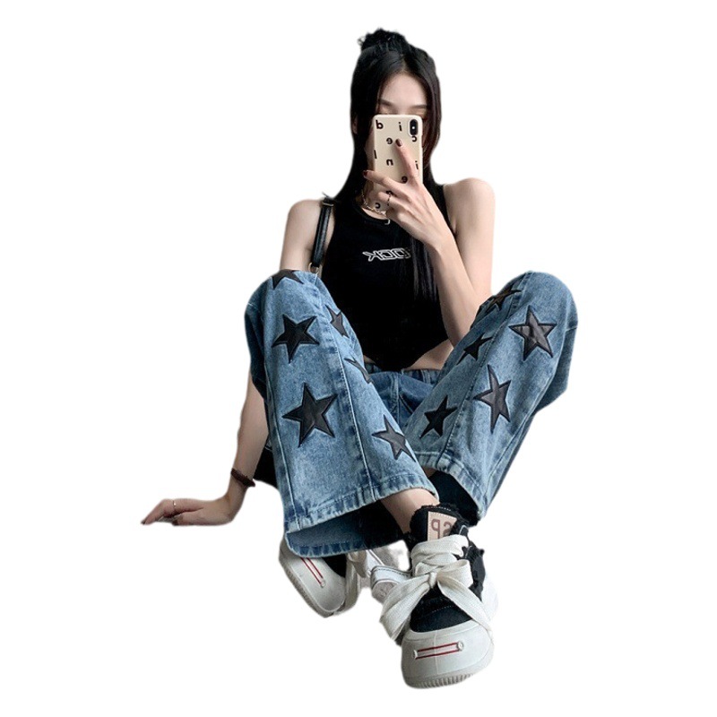 Hong Kong Style Trendy Women's Summer New 2024 Personalized Letter Jeans Hip-Hop Ins Trendy High Street Trendy Trousers