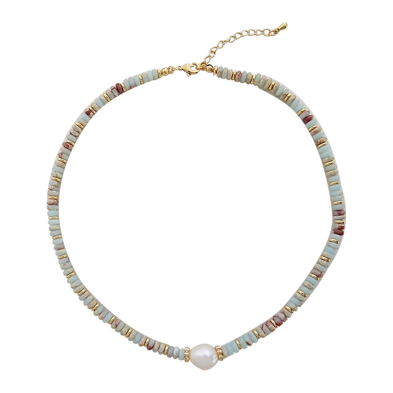 Picture of Natural Stone Colorful Beaded Hand Necklace Fashion Baroque Cultured Pearl Bracelet Light Luxury Niche Lockbone Chain 1695