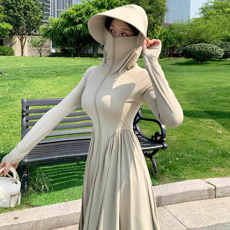 Long Full-Body Sun Protection Clothing for Women, Summer Ice Silk Anti-Uv Sun Protection Skirt, Slim Coat, Large Brim Sun Protection Clothing, Sun Protection Jacket