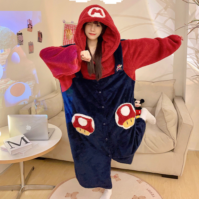 Mario Pajamas Women's Winter Coral Fleece Thickened fleece-lined Autumn and Winter Long Nightgown Cute Bathrobe Morning Gown Hooded Sleeping
