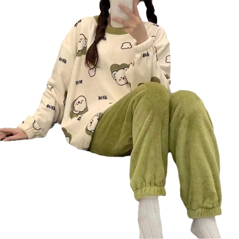 Pajamas women's autumn and winter coral fleece cute sweet thickened fleece-lined flannel winter student homewear suit