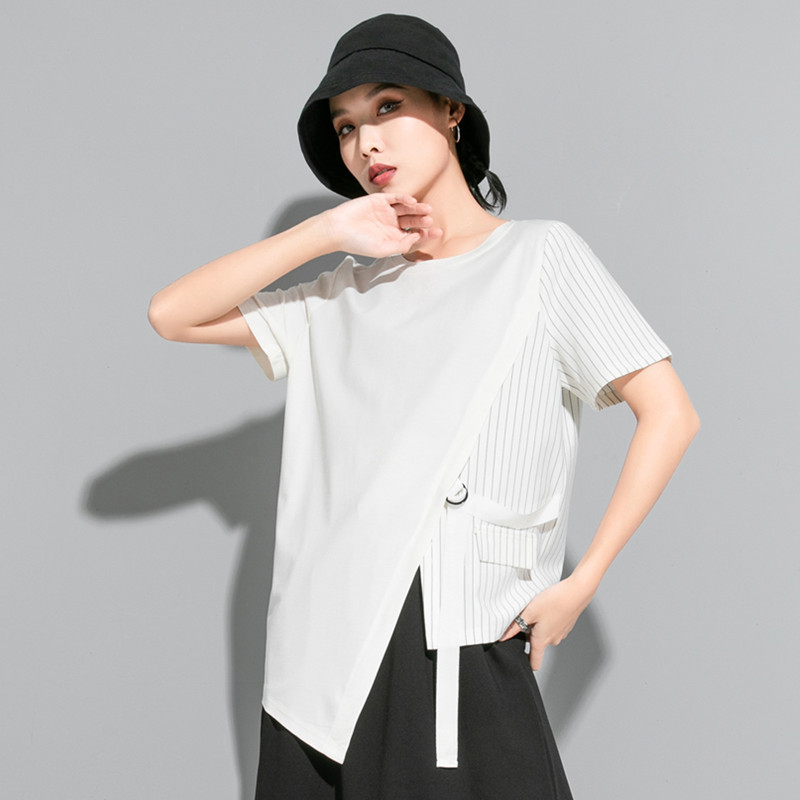 European and American women's T-shirt summer new short-sleeved women's T-shirt loose versatile slimming striped stitching stretch brocade cotton T-shirt