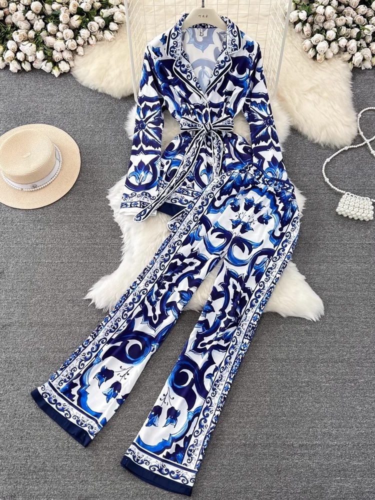 Cross-border suit women's spring and autumn fashion suit collar waist lace-up celadon printed top two-piece high waist wide leg pants