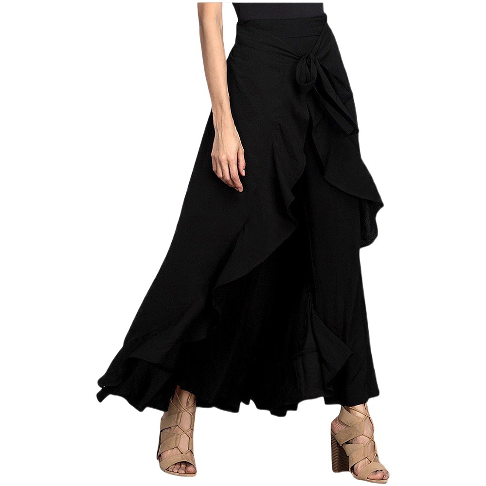 2025 Amazon European and American Women's Ol Wide-Leg Culottes Cross-Border Asymmetrical Chiffon Ruffled Lace-Up Long Pants