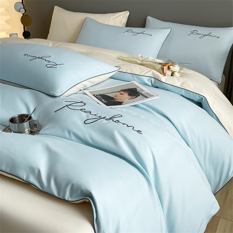 Picture of Solid color double four-piece set of style bed sheets home light luxury quilt cover washed cotton embroidered letter quilt cover three-piece set