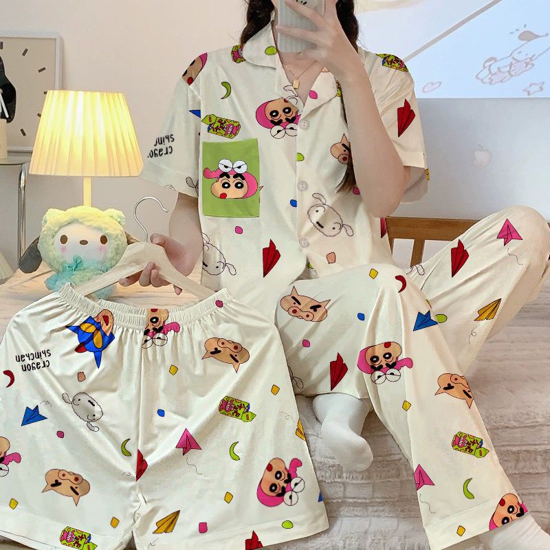 Japanese Style Instagram Style Crayon Shin New Pajamas Women's Spring and Autumn Short-sleeved Three-piece Cardigan Cartoon Cute Home Clothes