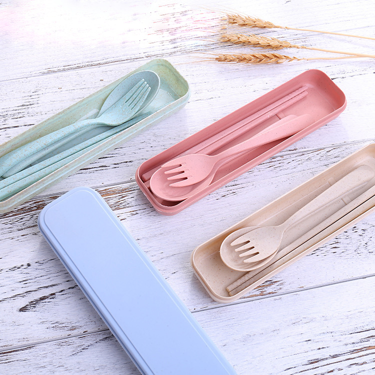 Picture of Wheat Straw Tableware Fork, Spoon and Chopsticks Three-Piece Set Scandinavian Color Kidsren's Outdoor Travel Picnic Portable Tableware Set