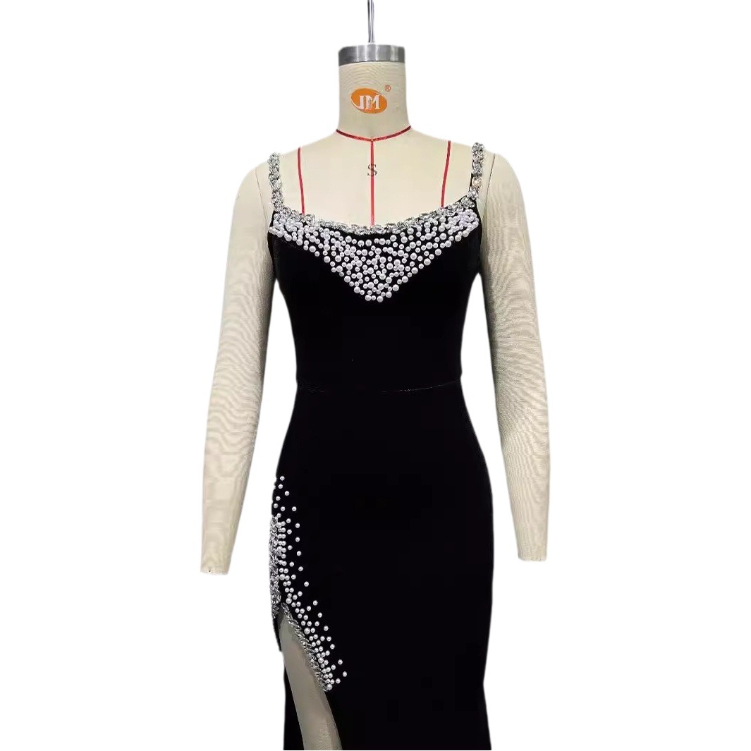 Foreign Trade Women's Black V-neck Sleeveless Beads Set Diamond Sling Dress Split Long Dress Elegant Dinner Dress