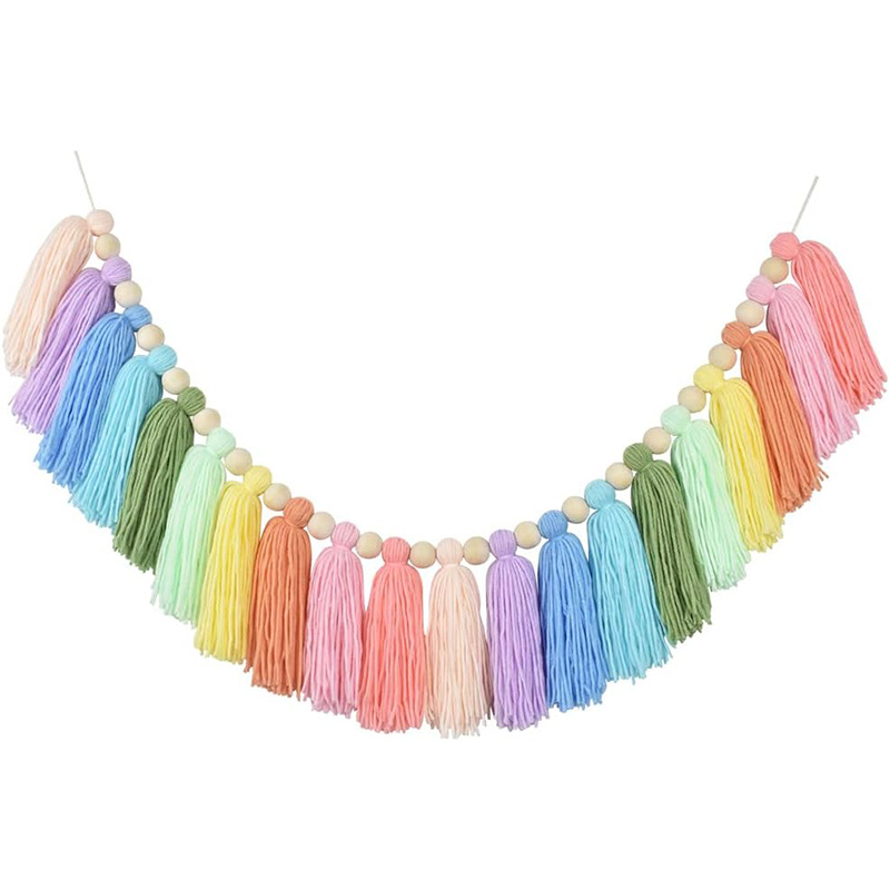 Ins Bohemian Wooden Beads Tassel Wreath Wooden Beads Tassel Banner Wall Decoration Wall Hanging Holiday Decoration Cross Border Hot Sale