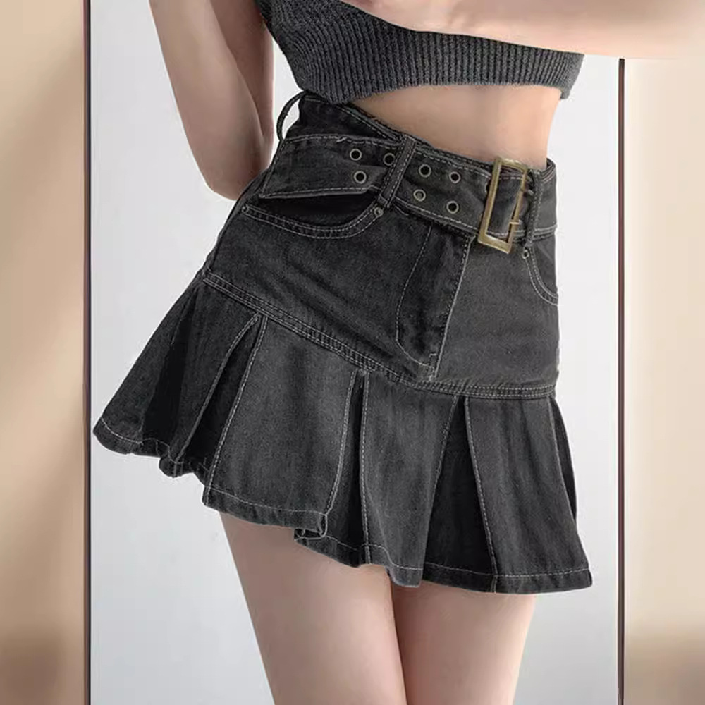 Spice Girl Denim Skirt Women's Summer Pleated Skirt 2023 New Design Sense High Waist Slim A- line Short Skirt Pants