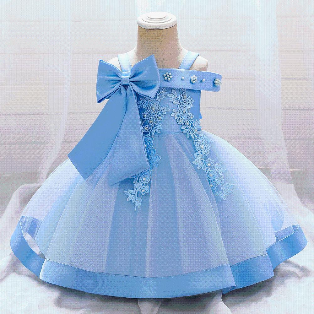 Picture of Foreign trade cross-border new children's wedding dress off-shoulder pearl embroidery girls performance princess puffy skirt summer