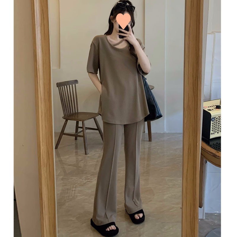Casual Suit Women's Spring Large Size Loose Lazy Style Short-sleeved T-shirt High Waist Slimming Flared Pants Two-piece Set