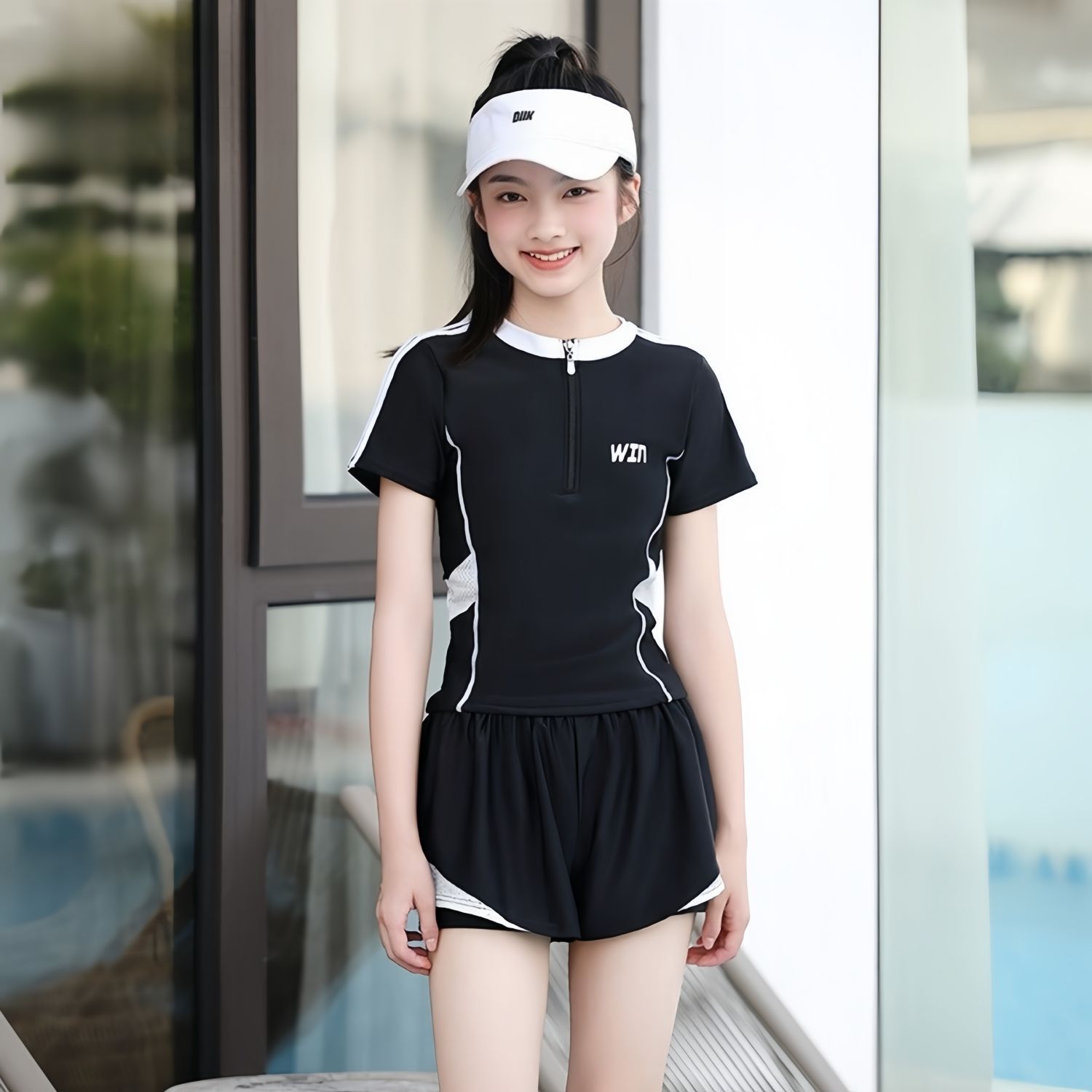Picture of Big Children's Split Swimsuit Women's 2025 Summer Student Sports Style Conservative Boxer Anti-Exposure Swimming Pool Special Swimsuit