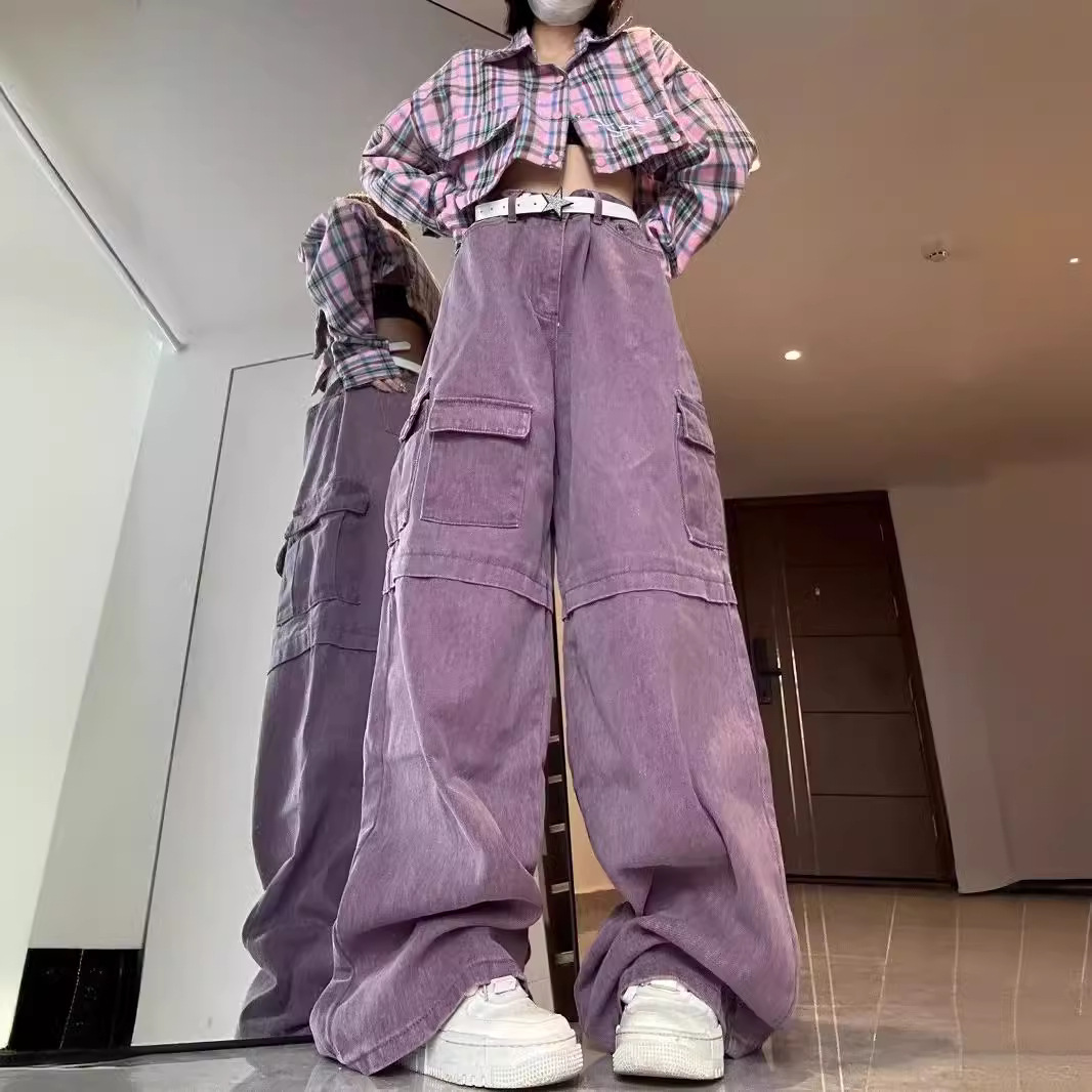 Vibe Purple American Retro Tooling Jeans Women's Summer Multi-pocket Loose Wide-leg High-waist Casual Trendy Pants
