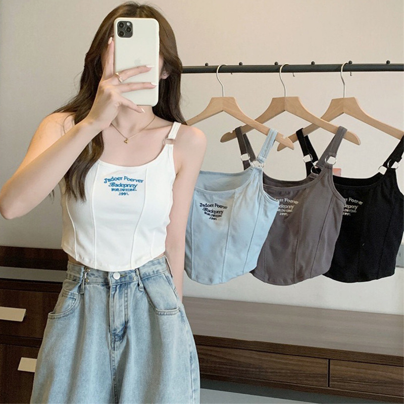 New Style Pure Desire Short Sleeveless Camisole with Chest Pads for Women, Slim Fit Trendy Influencer Letter Top