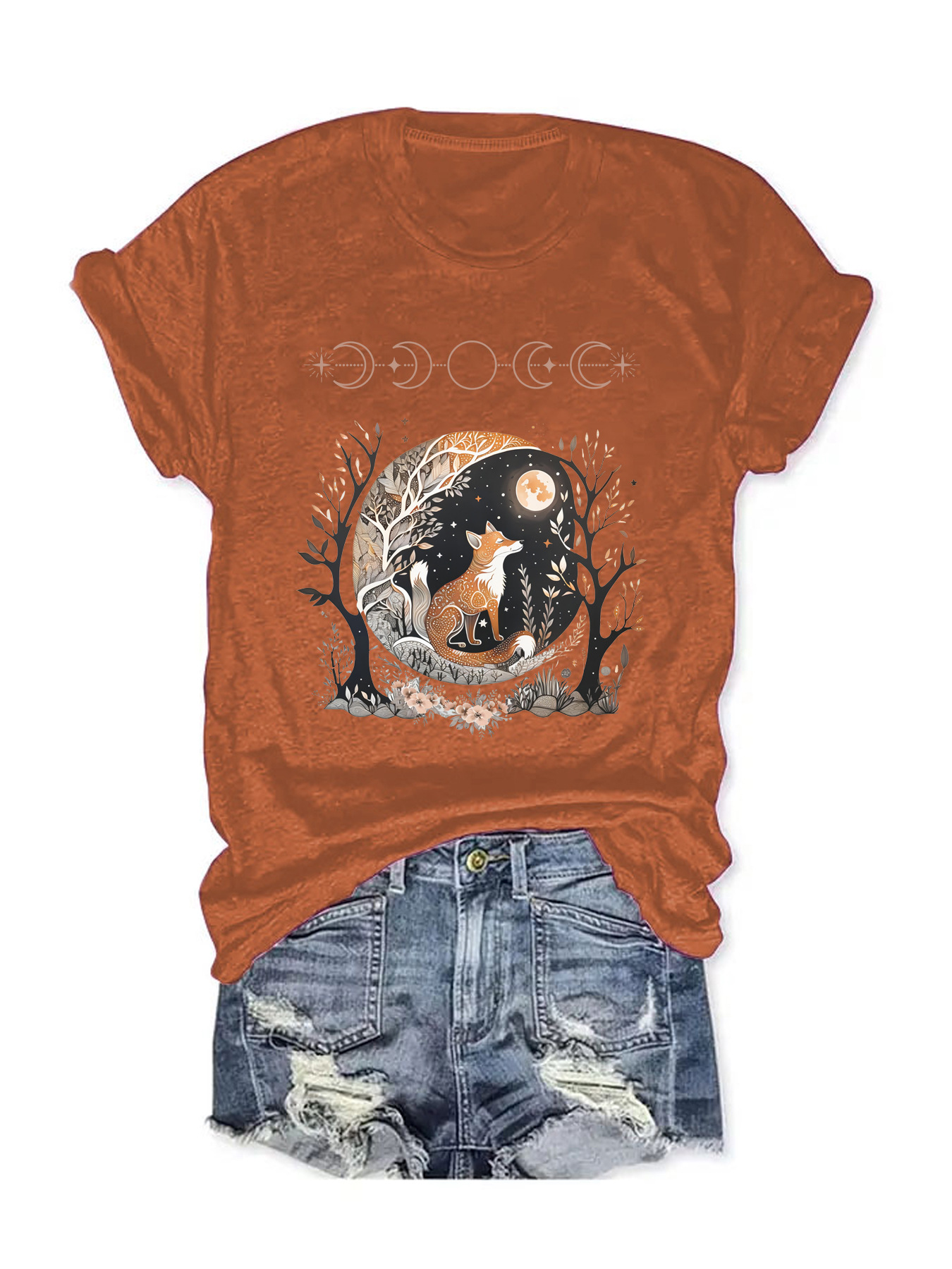 Amazon European and American summer women's fox moon pattern printing round neck short sleeve casual fashion foreign trade explosion T-shirt
