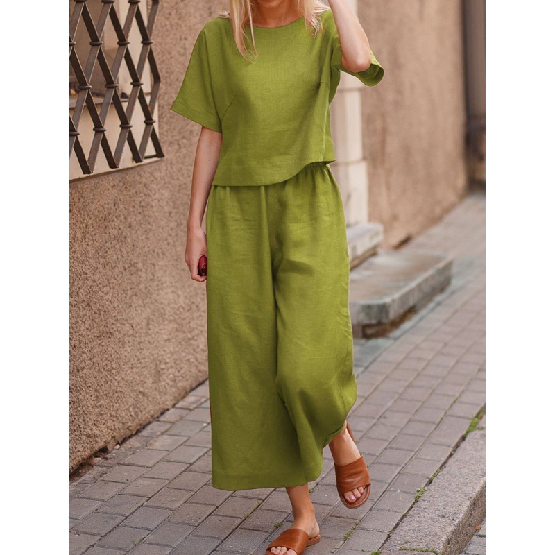 Picture of 2022 cross-border Amazon casual European and American plus size suit loose solid color shirt trousers two-piece set