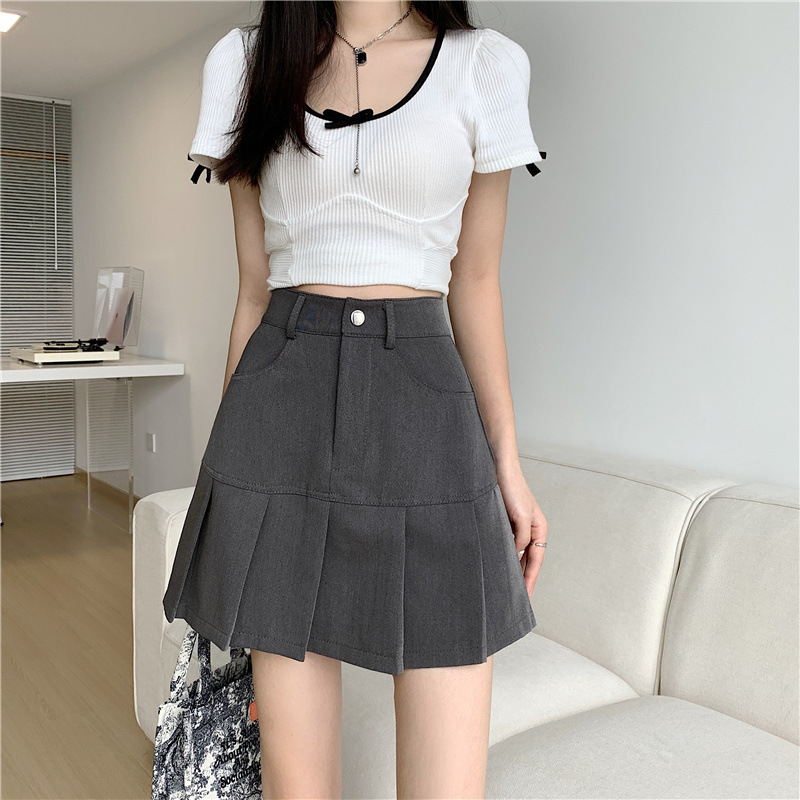 2024 New Solid Color High Waist A- word Pleated Skirt Women's plus size Grey Slim Belly Covering Half-length Stitching Skirt