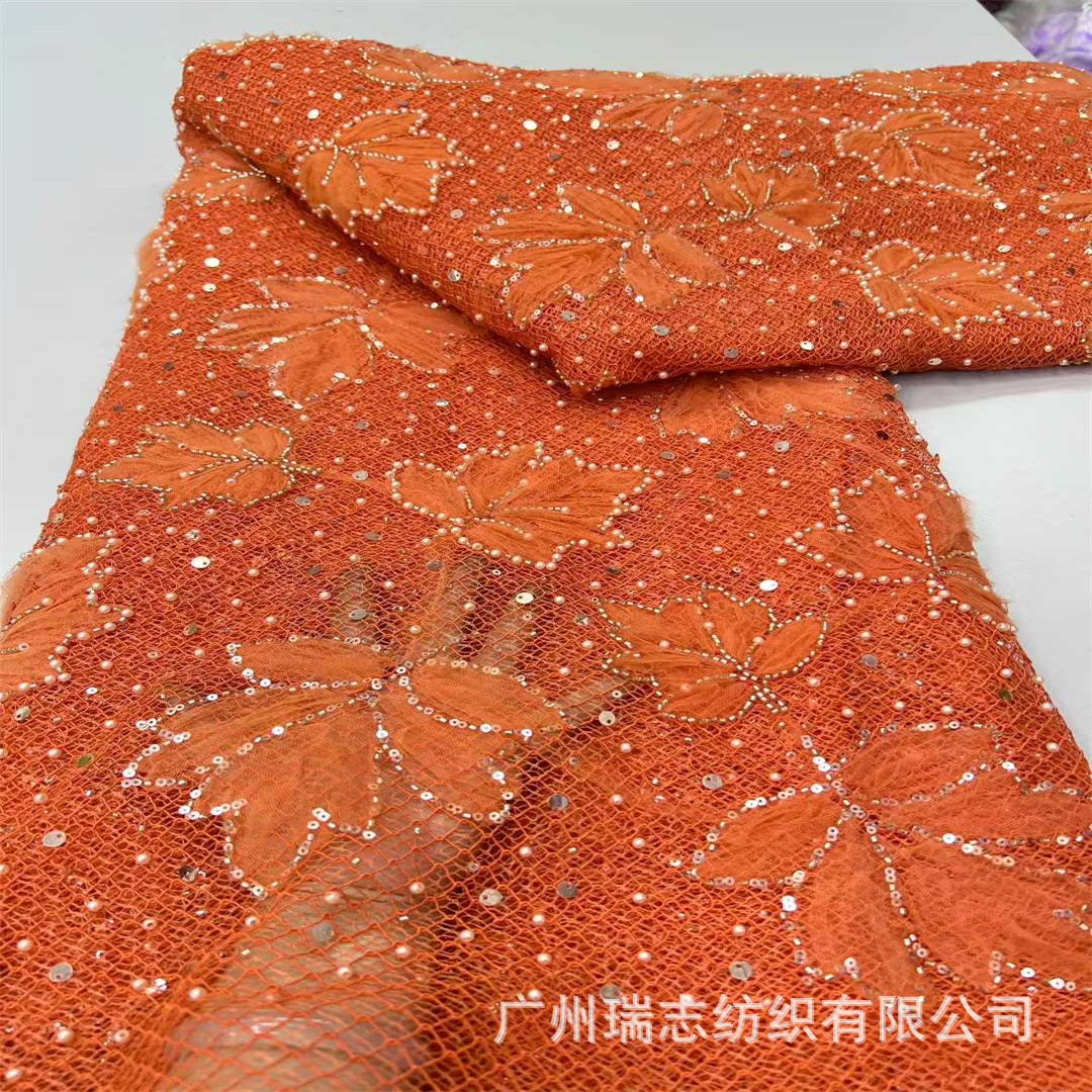 Dribble flowers, sequins, beads, embroidered French coarse grid, nail beads, lace fabric, heavy industry wedding dress, cheongsam skirt, embroidered fabric