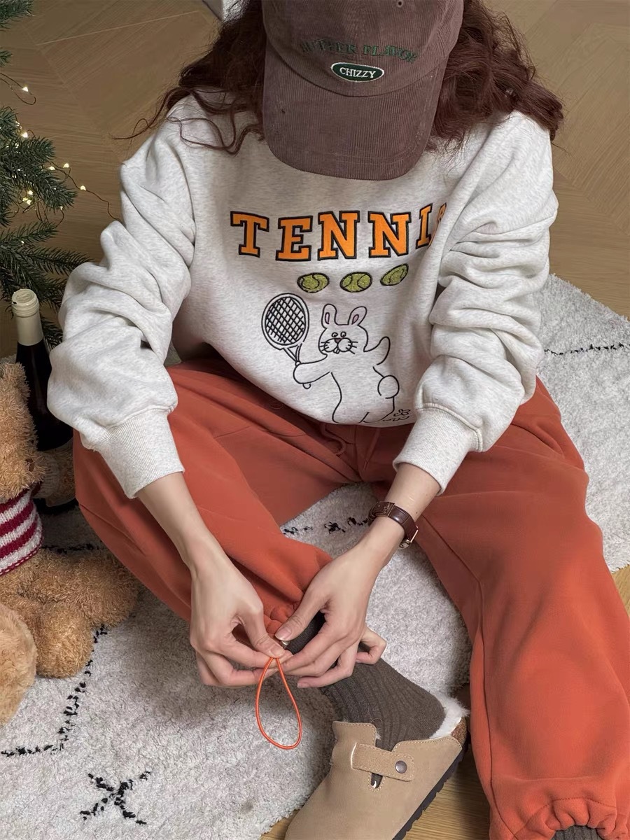 Korean style lazy style loose thickened fleece-lined sweater women's 2023 autumn and winter New Fashion cartoon printed round neck top