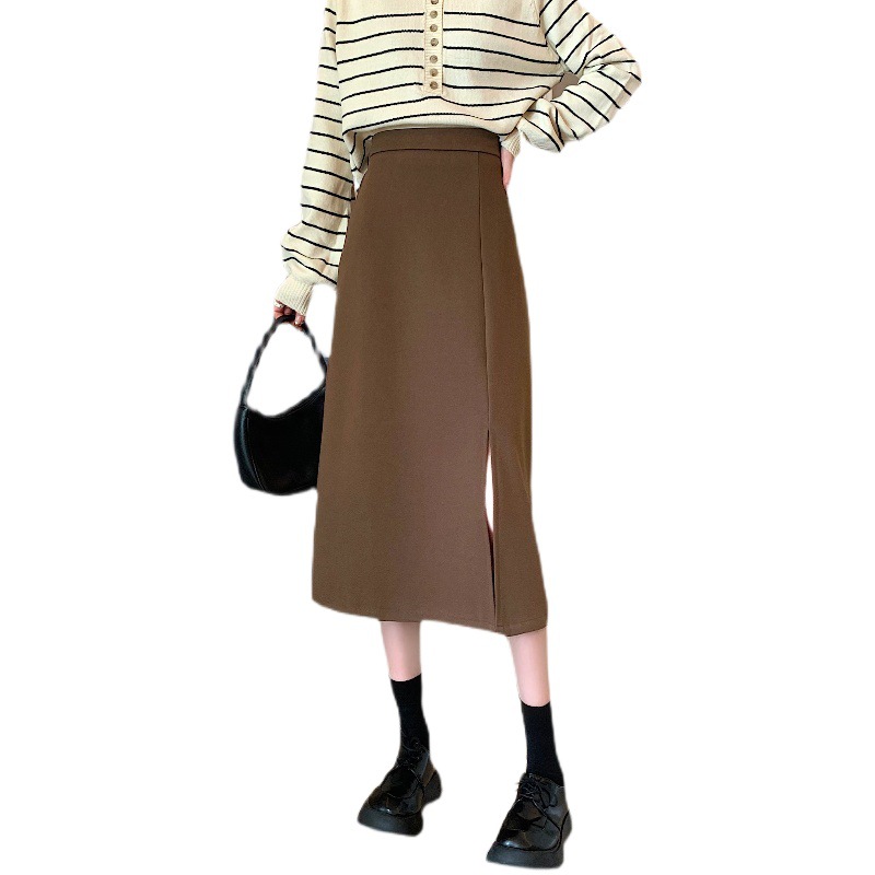 Split Curry Color Skirt Women's Autumn and Winter 2021 New High Waist Slimming Mid-length Small Suit A- line Skirt