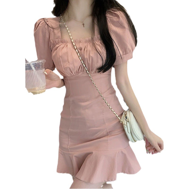 Large Size Gentle Square Collar Puff Sleeve Dress Women's Summer High Waist Slim-Fit Ruffled Age-Reducing Fishtail Short Dress