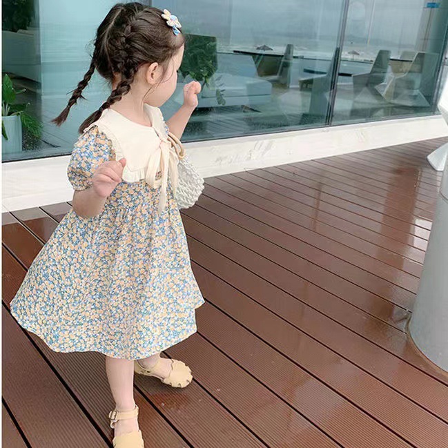 Picture of 2024 summer new girls Korean style lapel floral princess dress children baby summer short sleeve dress