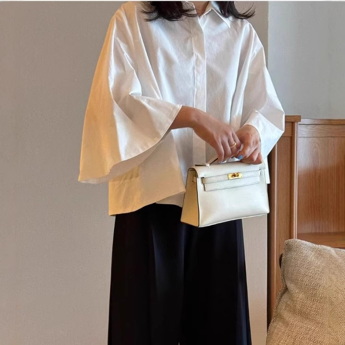 Cross-Border Women's Clothing Spring & Fall Japanese and Korean Casual Cotton Bell-Sleeved Short Loose Large Size Shirt Women's Korean Style Shirt White