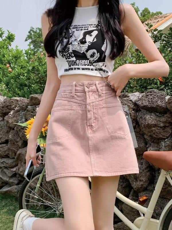 Dirty Pink High Waist Denim Skirt Women's Summer 2024 New Arrival Skirt Anti-Light A- Line Hip Half Skirt