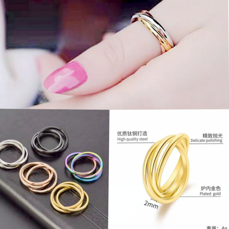 Cross-Border Popular Three-Ring Titanium Steel Ring for Women Ins Plain Ring Sansheng Iii Couple Ring European and American Popular Hand Jewelry