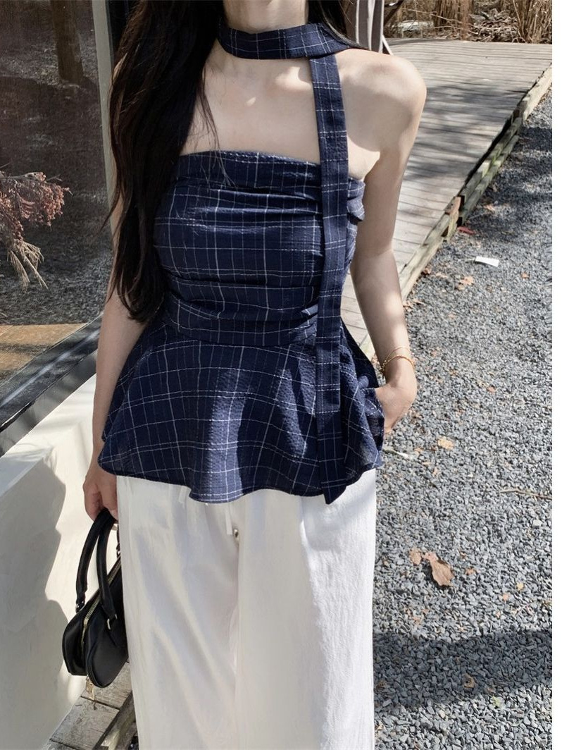 Retro Hot Girl Chic Plaid Tube Top Women's 2025 Summer Waist Lace Sexy Off-Shoulder Top