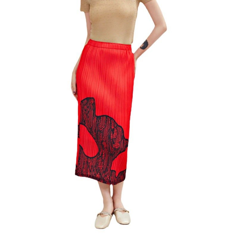 Miyake Printed Skirt Women's 2025 Spring and Summer New Japanese Style High-Waist Slim Straight Skirt Pleated Printed Skirt