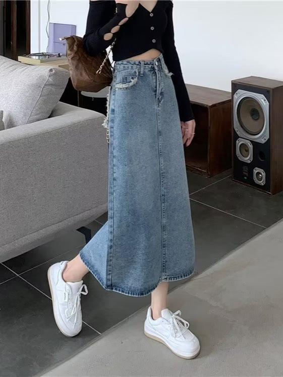 Vintage Denim Skirt Small All-Match Classic High Waist Slimming Summer Loose Straight Mid-Length Skirt