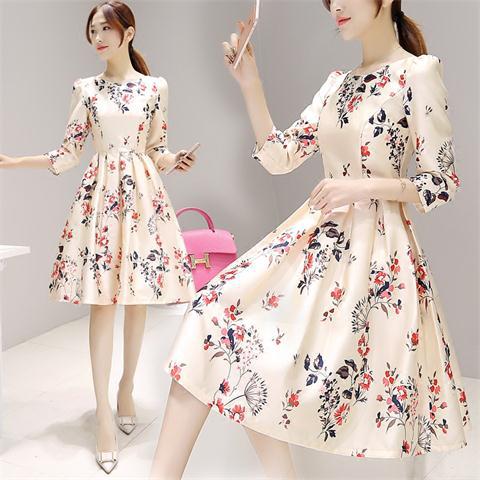 Southeast Asia spring new seven-point sleeve mid-length dress temperament bottoming slim A- line skirt cross-border wholesale