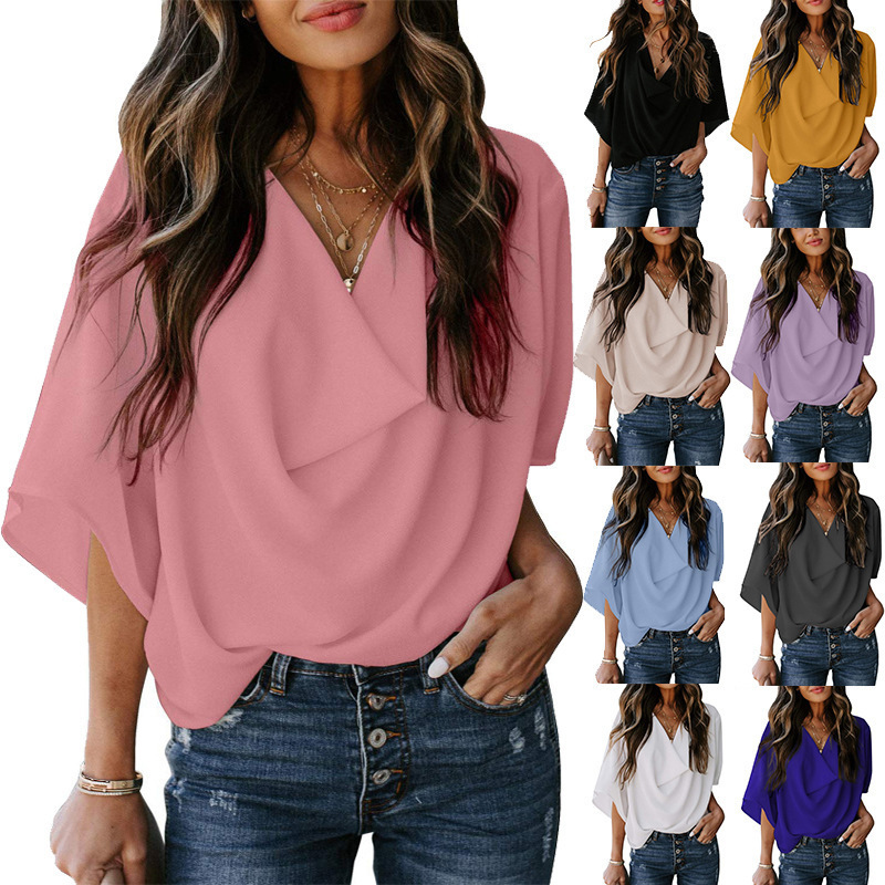 2025 Amazon Wish Independent Station New European and American Chiffon Shirt Loose V-Neck Casual Top T-Shirt Women's Clothing