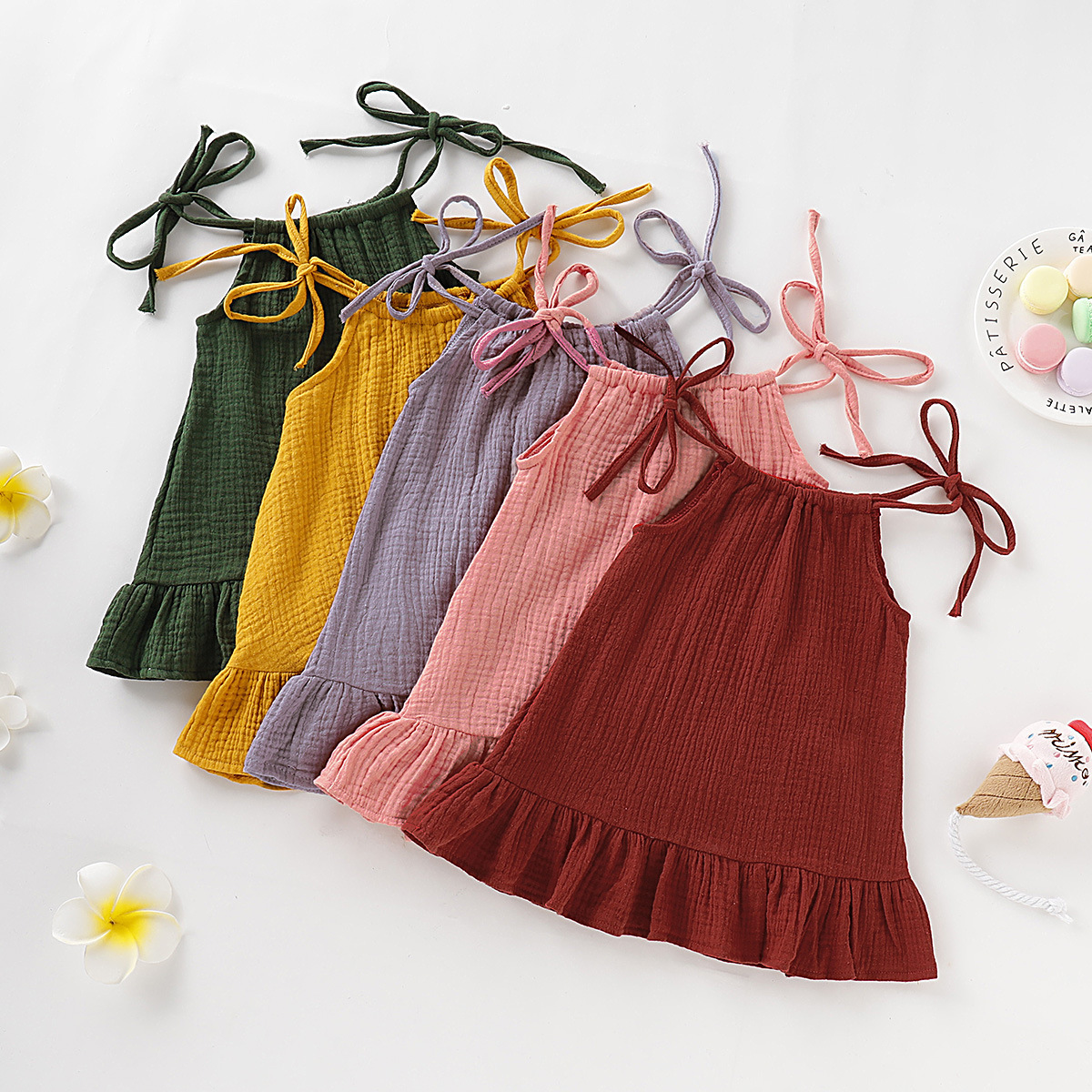Toddler Girl Summer Sleeveless Ruffled Cotton Linen Plain dress Base Shirt