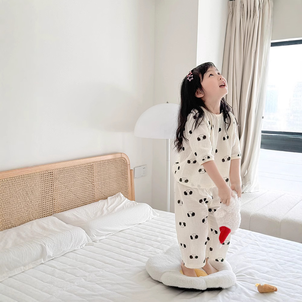 2025 Children's Air Conditioning Home Clothes Cartoon Double-Layer Cotton Yarn Pajamas for Boys and Girls Pure Cotton Summer Thin Sleeve suit