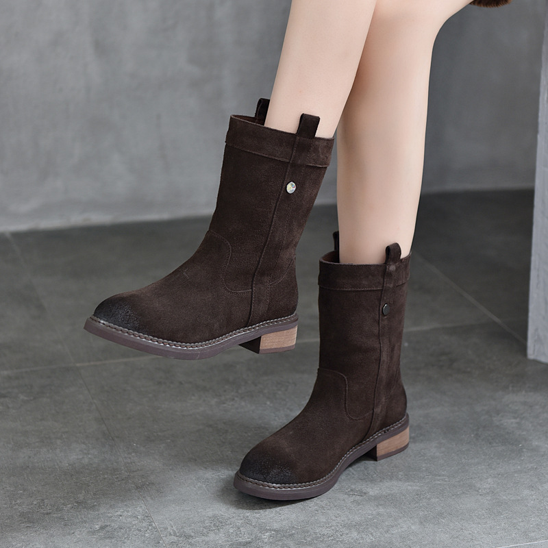 Double-Eared Boots, Autumn and Winter Mid-Heeled Comfortable Mid-Calf Boots, Genuine Leather Sleeves, Fashionable Boots, Single Boots