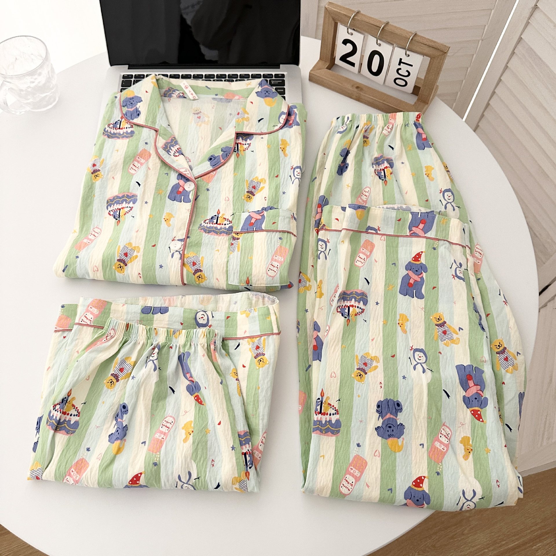 Cloud Cotton Three-piece# Snowman Blue Elephant Pajamas Summer Internet Popular Girl's Short-sleeved High-end Home Clothes suit