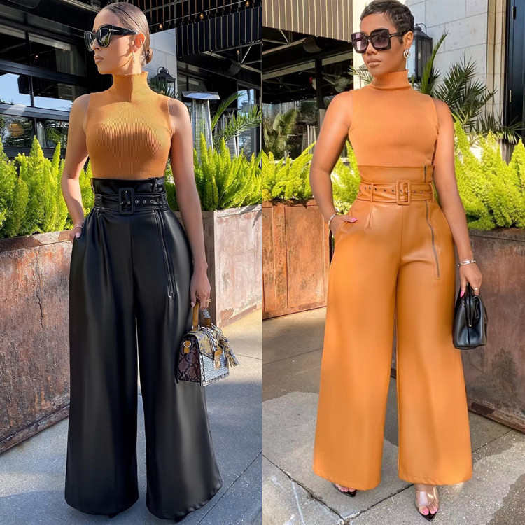 2021 Winter New Women's Clothing European and American Fashion High Waist PU Leather Pants INS Style Night Shop Metal Belt Wide Leg Pants